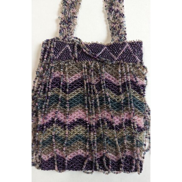 Beaded Purse Woven Small 6 Inch Handbag Multicolor Purple Silver Chevron Bead De - Picture 2 of 10